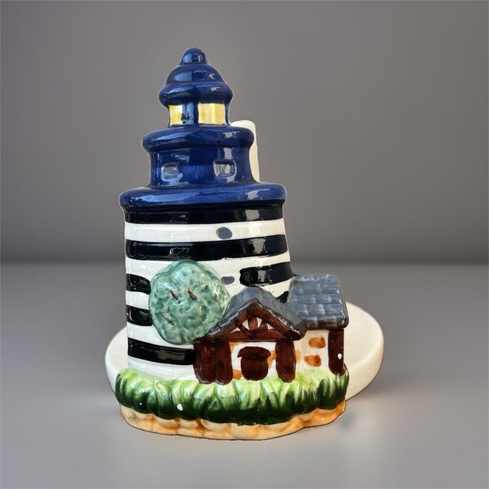 GMI Industries Ceramic Lighthouse Taper Candle Holder, Nautical Striped Glossy